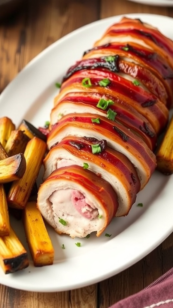 Sliced air fryer bacon-wrapped pork tenderloin on a plate, garnished with herbs and served with vegetables.